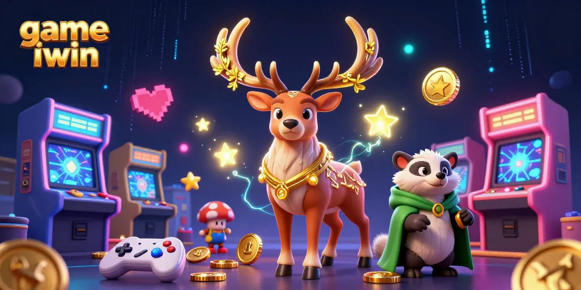 Engage with game iwin amidst vibrant arcade and casino elements in a dynamic 3D illustration.