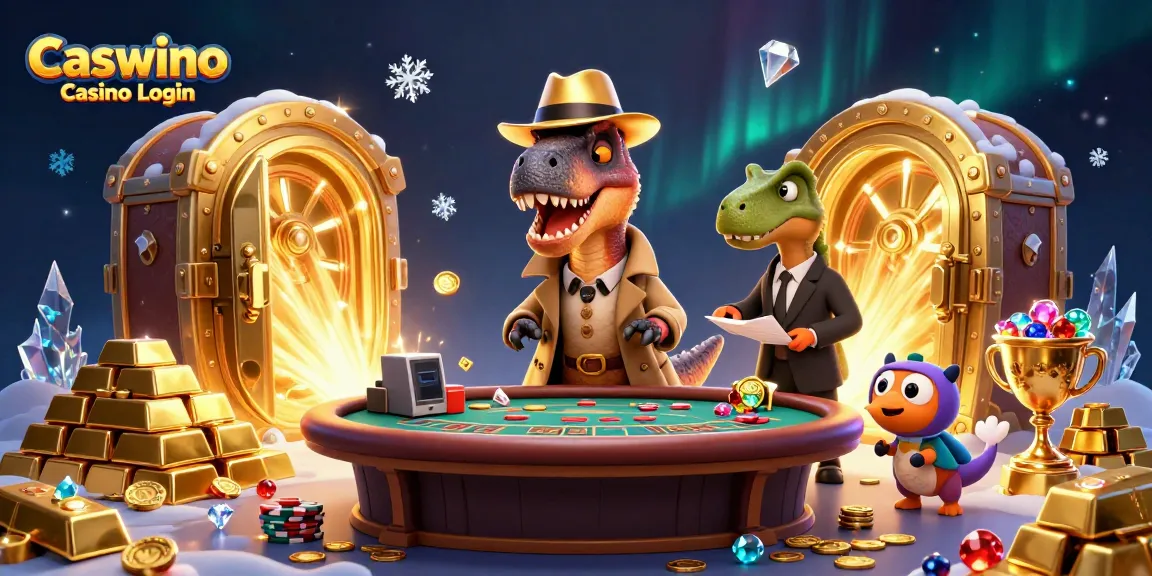 Join the fun at Caswino Casino Login with cartoon dinosaurs gambling at a vibrant blackjack table.