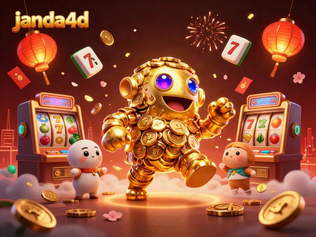 Janda4d menghadirkan permainan slot dengan golem emas dan simbol keberuntungan.