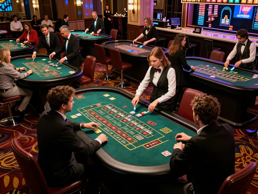 Players engaging in roulette at a KP88 casino, placing bets with excitement amid vibrant lights.