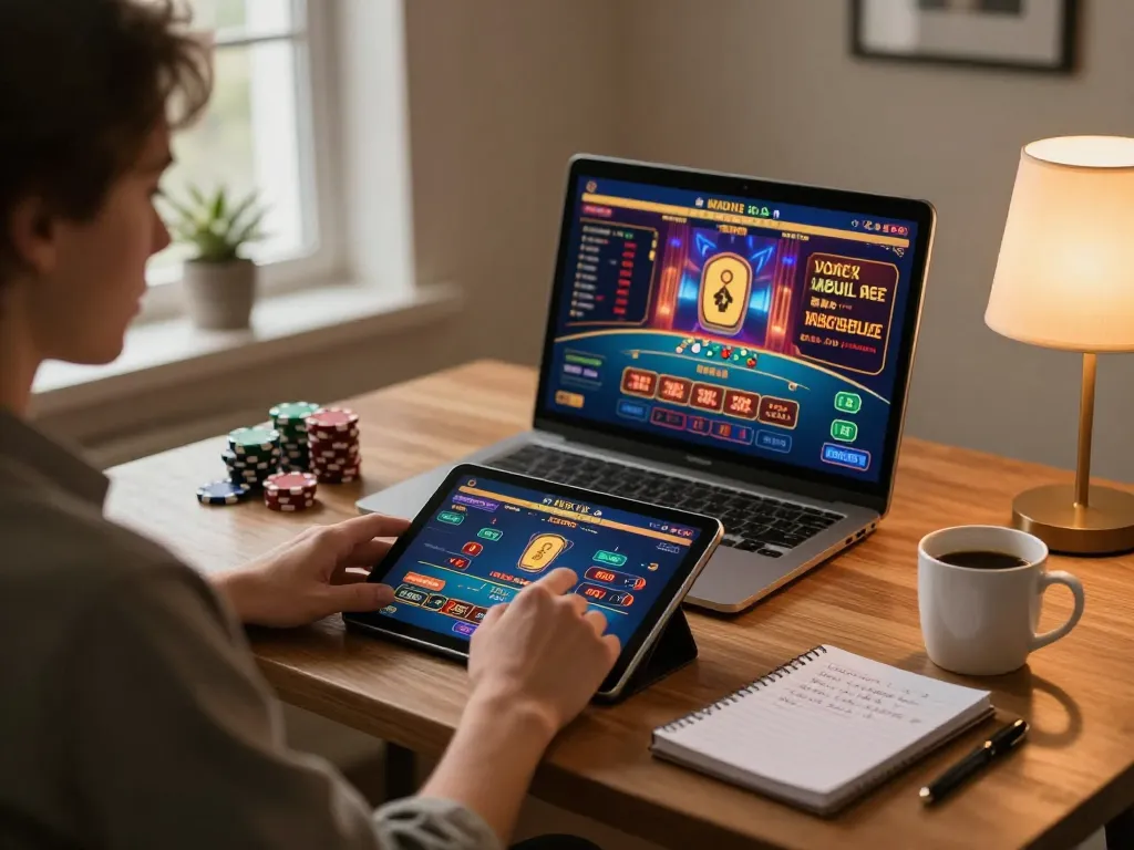 Player enjoying online gaming at home with nha cai uy tin displayed on screen, showcasing a strategic betting environment.