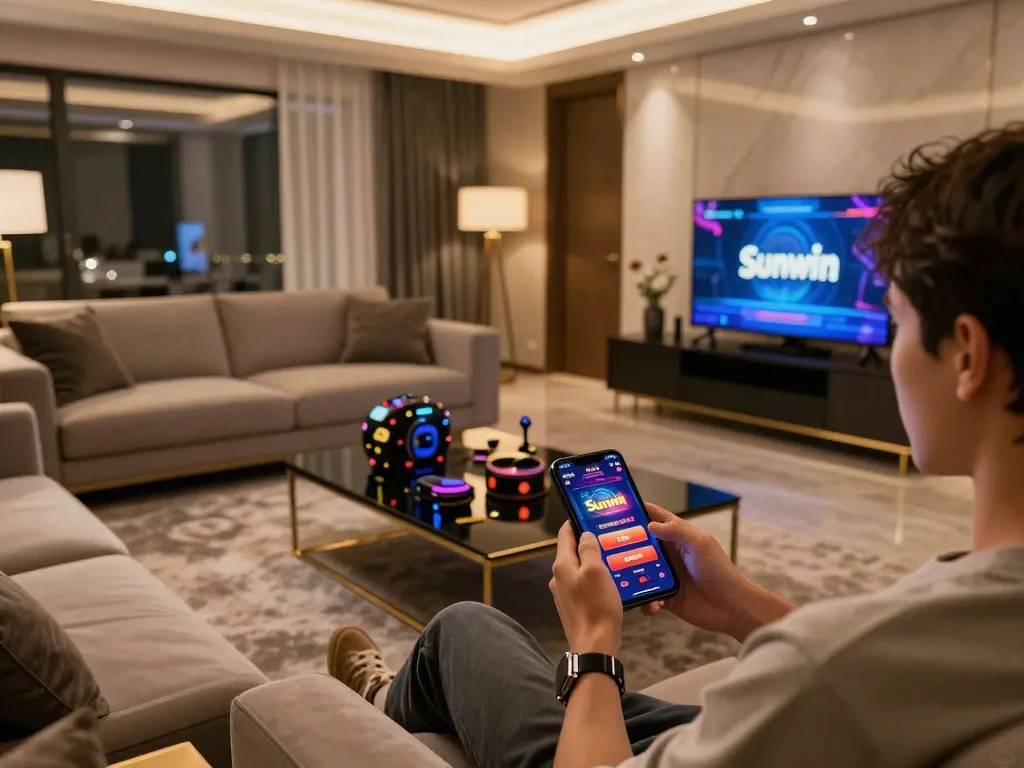 Engaged user playing sunwin casino app on smartphone in a stylish home setting.