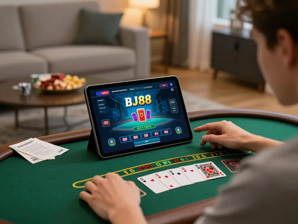 BJ88 player enjoying blackjack on a tablet in a cozy living room setting while managing bets responsibly