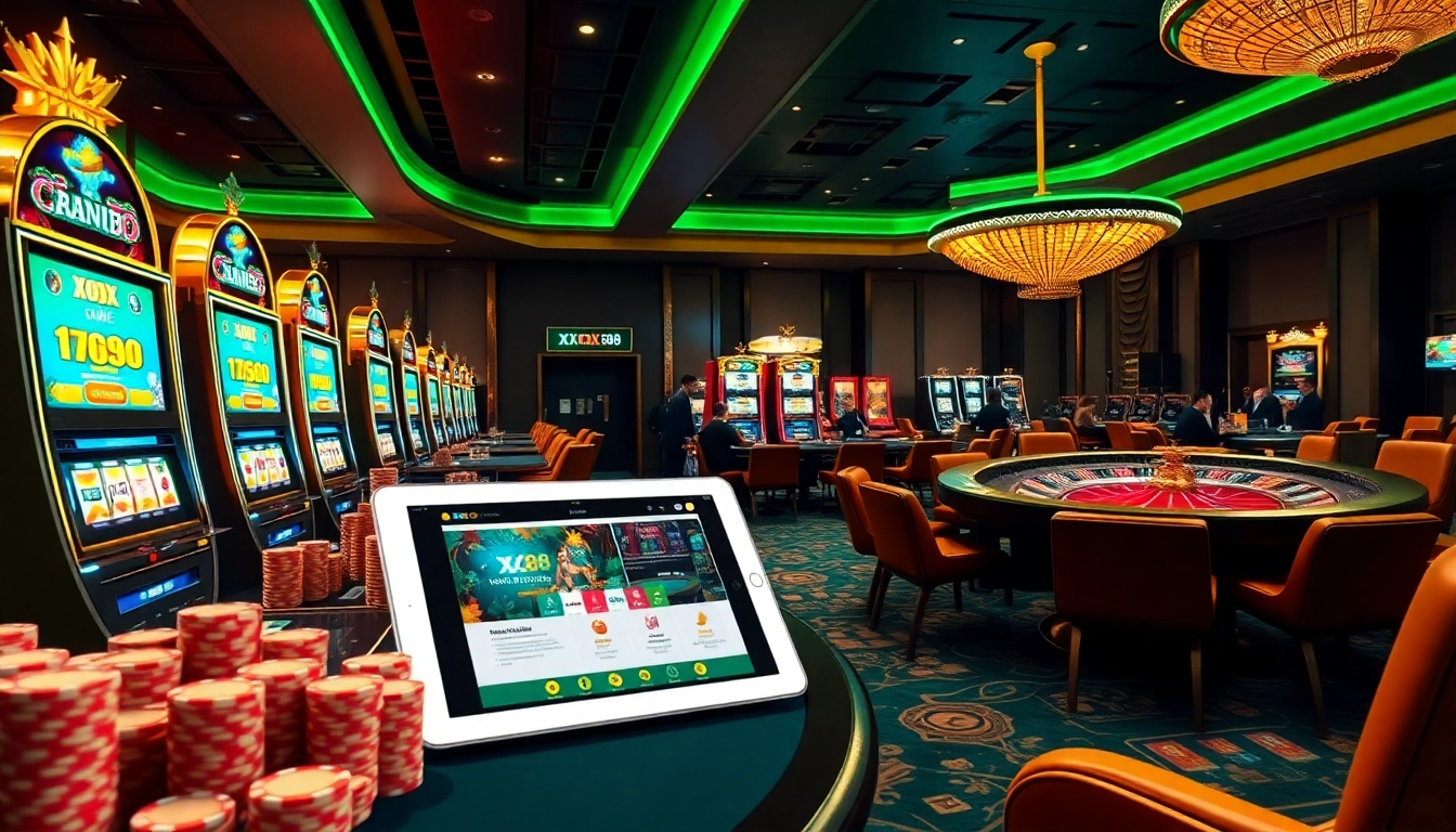 Players enjoying exciting games at nhà cái XX88 in a vibrant casino atmosphere.