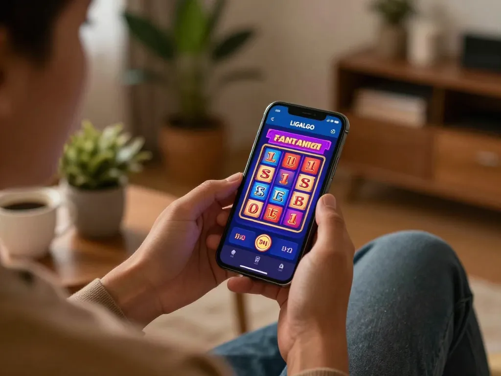 LIGALGO app displayed on smartphone as player engages in online slot gaming.