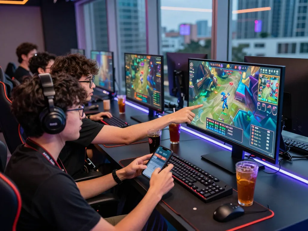 Friends engaged in Dota 2 betting action at GGLBet Singapore with live stats and energy drinks