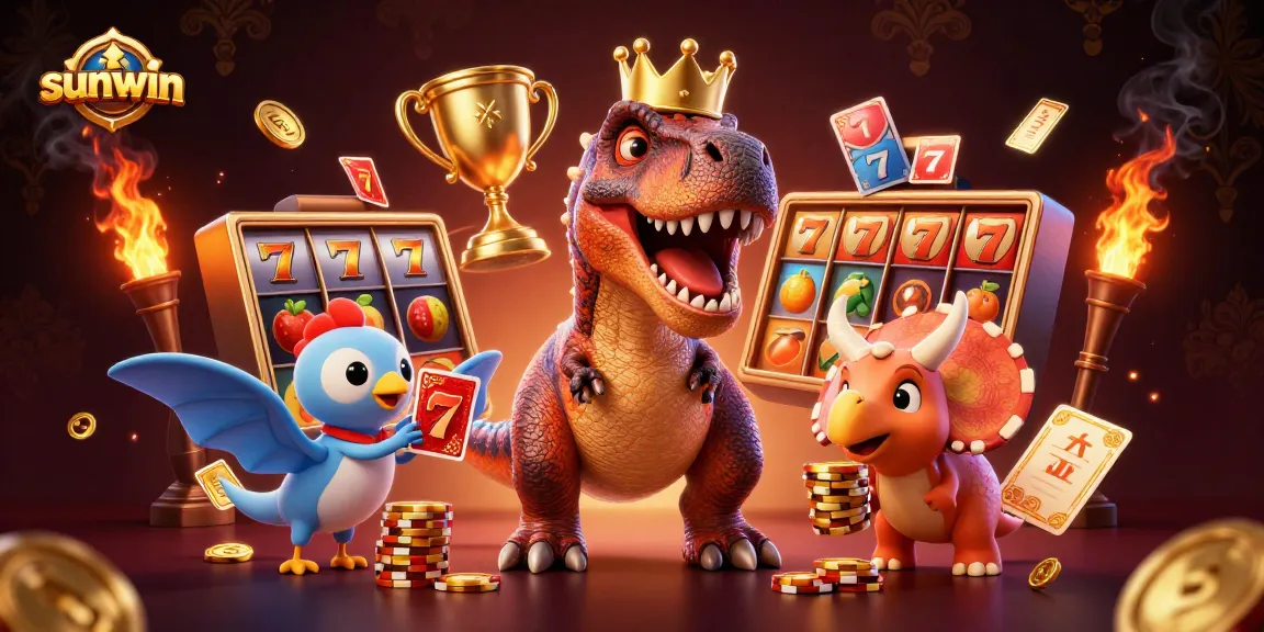 Engage in thrilling slots with sunwin featuring a T-Rex shuffling cards and a baby triceratops stacking chips.