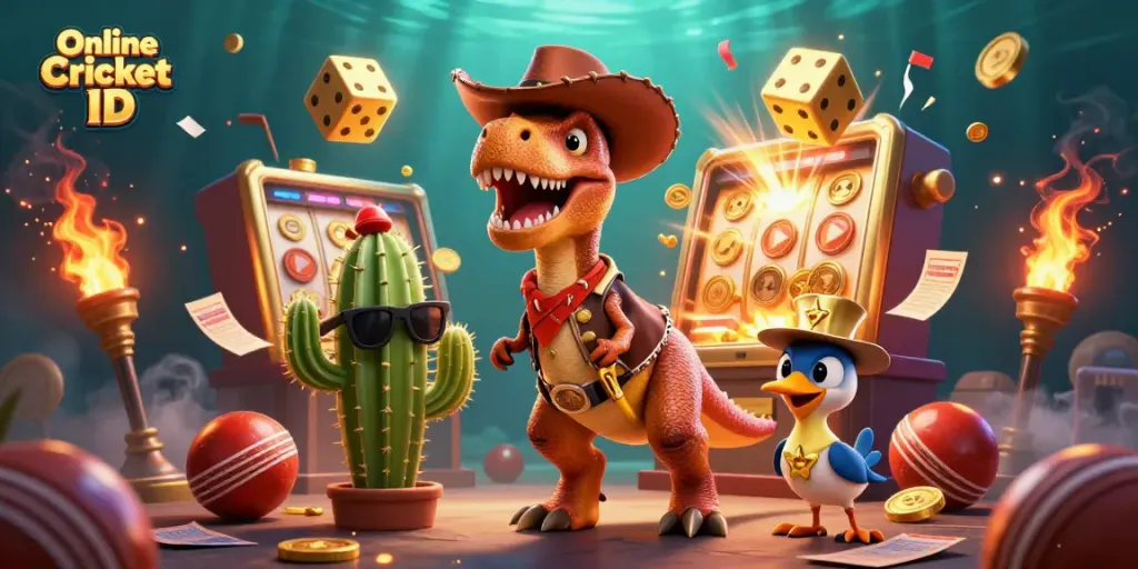 Engaging scene illustrating Online Cricket ID with a cartoon T-Rex, cactus, and roadrunner amidst dynamic sports betting elements.