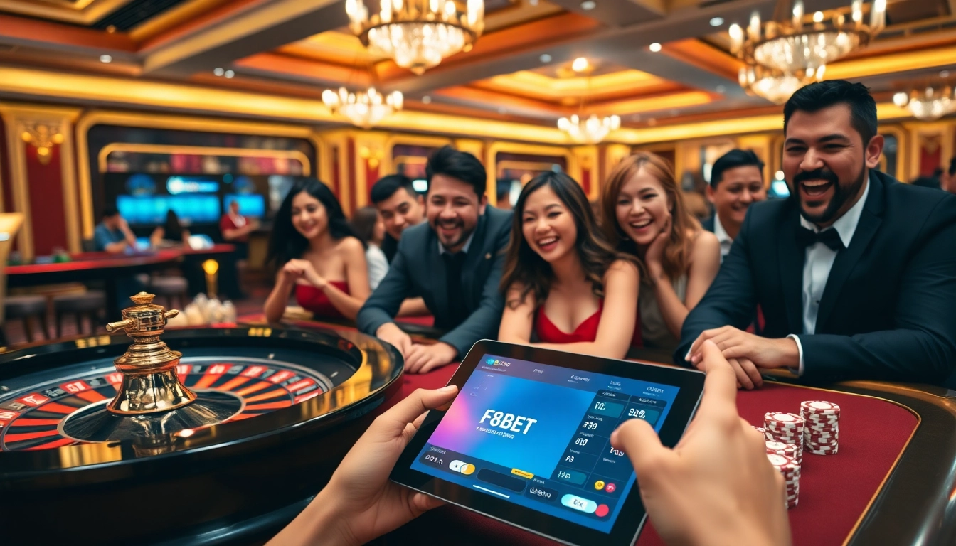 Experience the thrill of F8BET with players enjoying various casino games in an elegant setting.