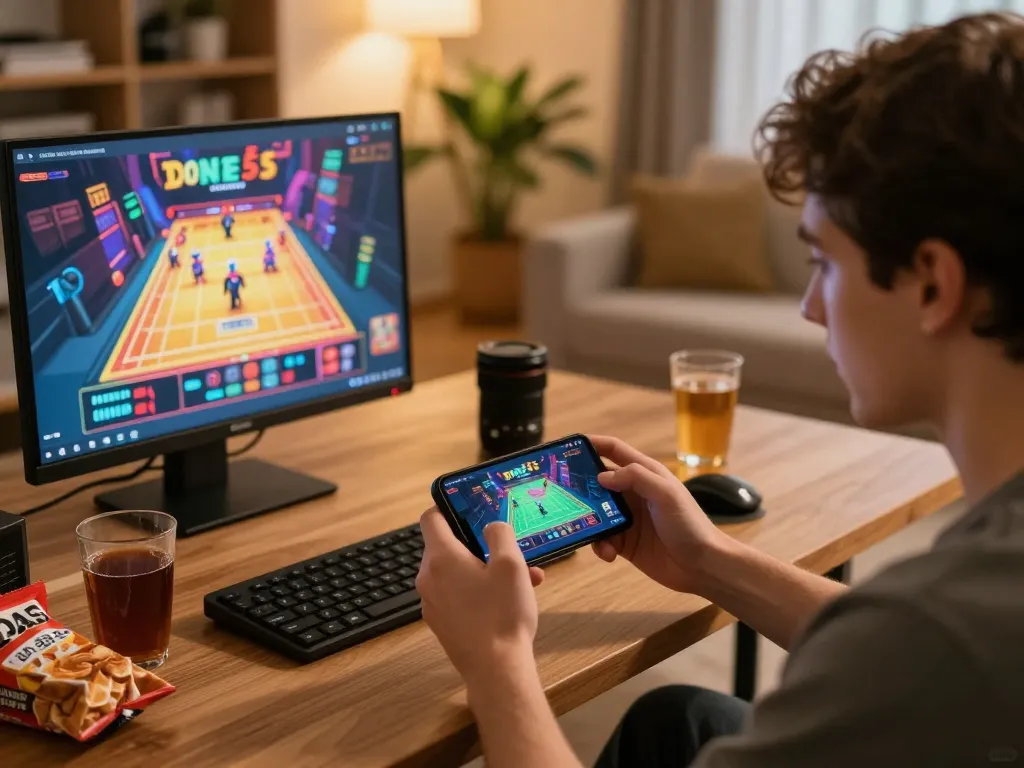 Enjoying the Done55 game on smartphone in a cozy home setting with vibrant gameplay graphics