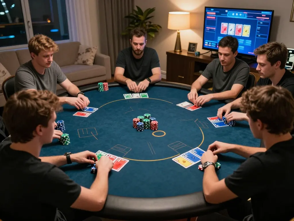 Engaged players participate in a high-stakes online poker game on megaplus88, showcasing strategic gameplay and ambiance.