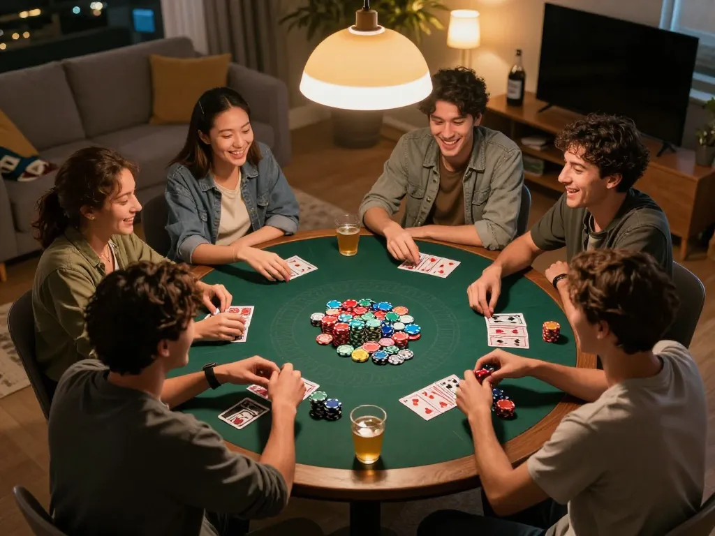 Friends enjoying poker night with excitement and strategy on IDCASH88 platform.