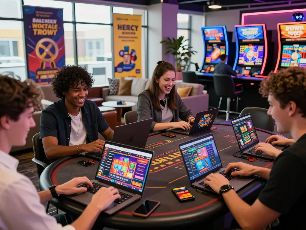 The vibrant online gambling atmosphere at Nhà Cái 32win with players engaged on their devices, showcasing excitement and bonuses.