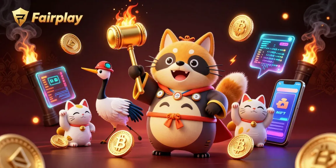 Experience Fairplay with a lively 3D illustration of a tanuki and maneki-neko fortune cats amidst crypto elements, portraying a vibrant casino theme.