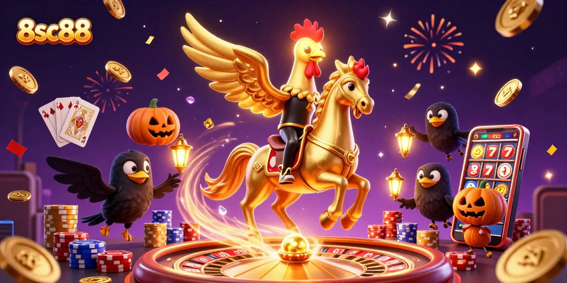 Engage with thrilling 8sc88 casino fun, featuring a golden rooster and magical elements in a vibrant gaming scene.