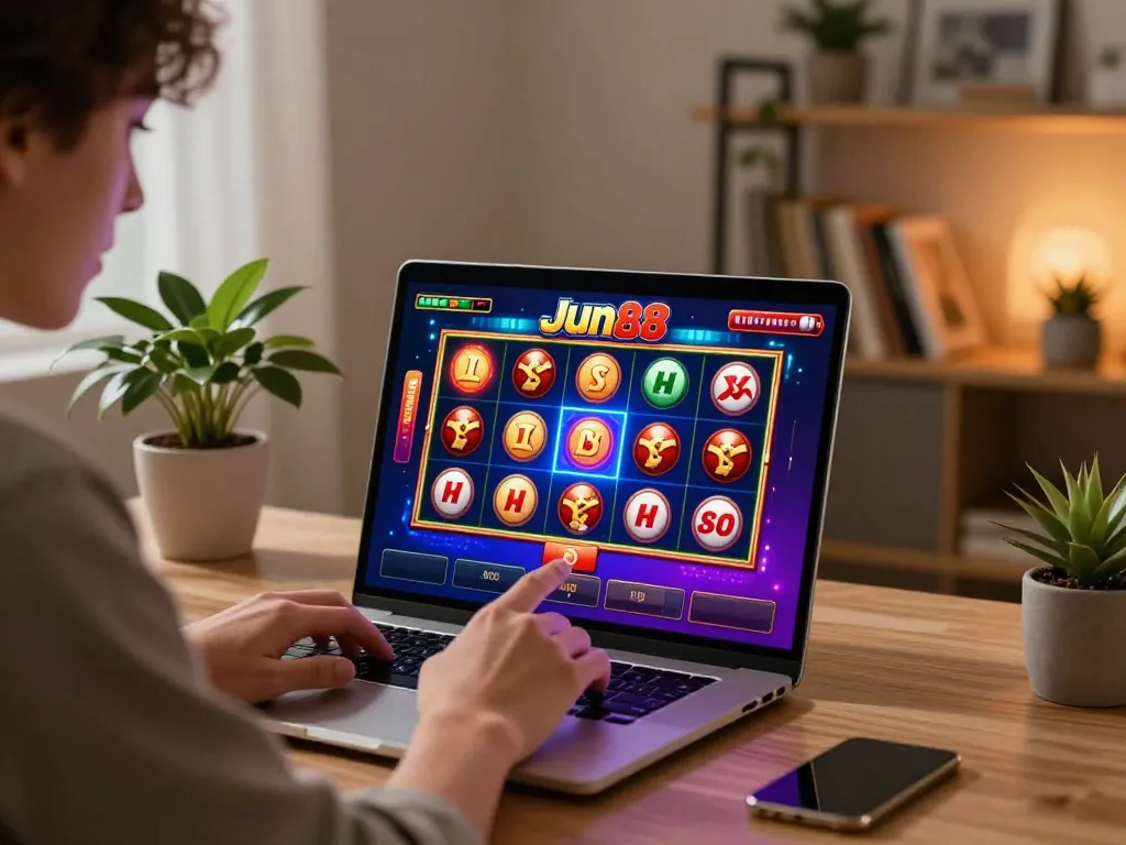 Player engaging in online slot gaming at nhà cái jun88, showcasing exciting gameplay with vibrant graphics.