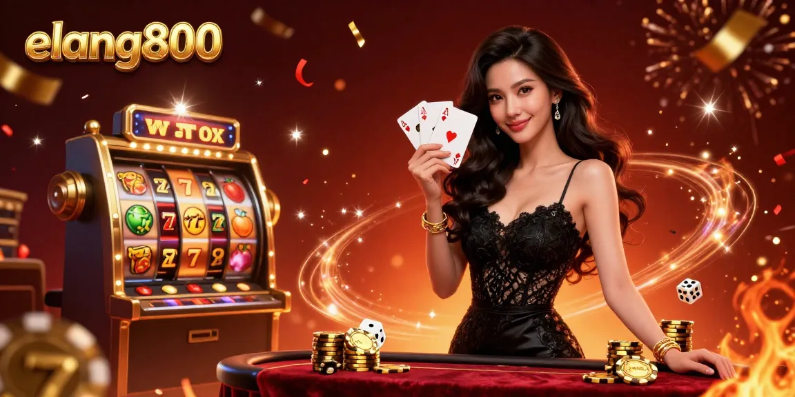 Experience the thrill at elang800 with a stylish Asian woman holding playing cards amid a vibrant casino atmosphere.