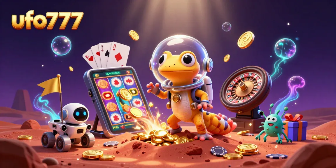 Experience ufo777 with a Martian gecko exploring a golden casino amidst vibrant gaming elements.