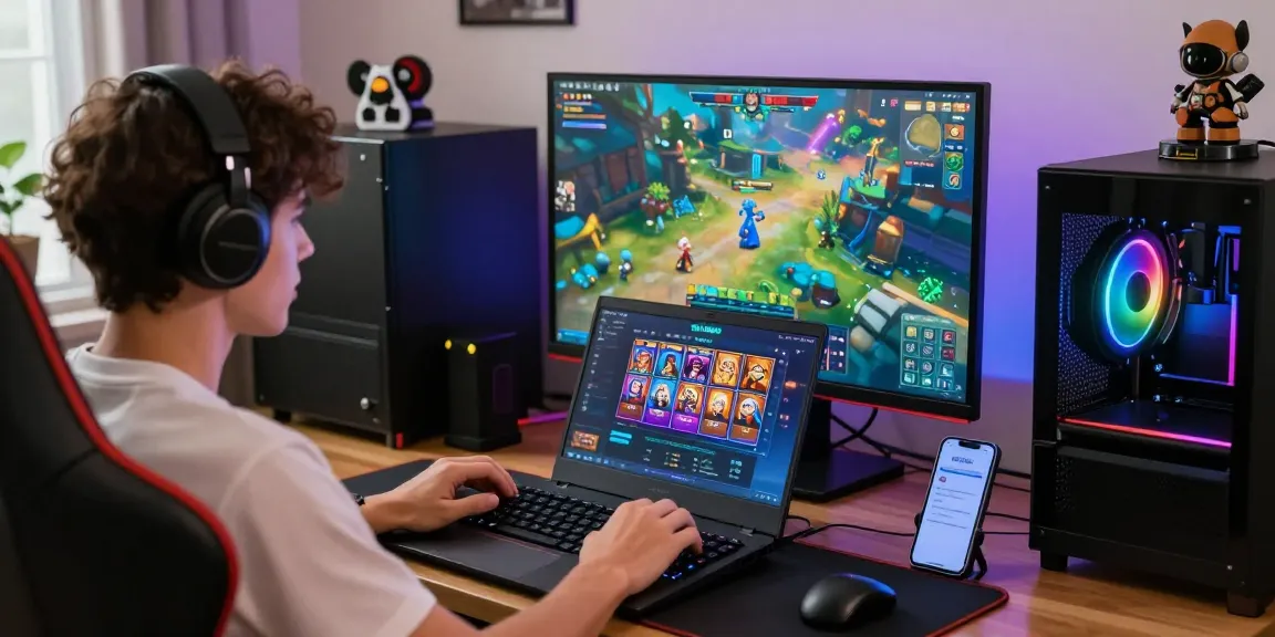 Player engaging with slot7000 gaming platform on a laptop amid colorful gaming setup and notifications.