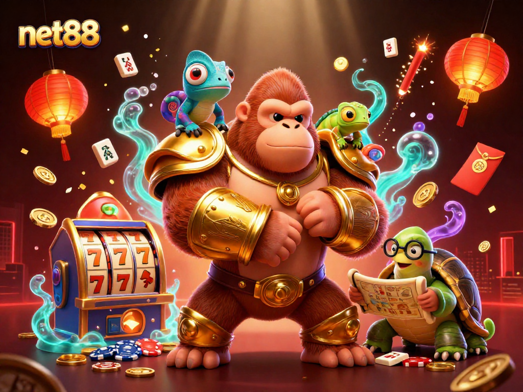 Engage in thrilling casino adventures with net88, featuring cartoon characters and slot results.