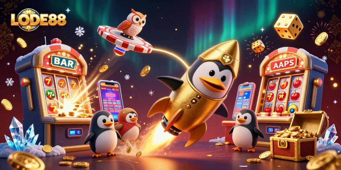 Bet on LODE88 with a golden penguin soaring through a casino-themed space adventure.