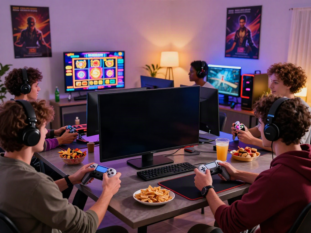 Group of friends enjoying an akunjp gaming night with vibrant slot game visuals and cozy atmosphere.