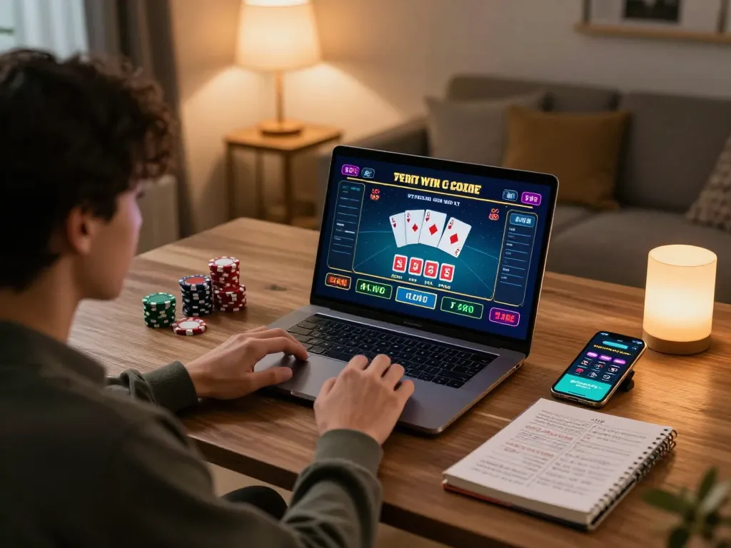 Player enjoying a live dealer game on LV88 in a stylish home environment with laptop and strategy notes.