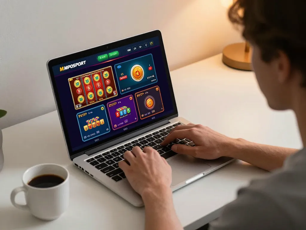 Person engaging with MPOSPORT online casino gaming interface in a cozy home setting