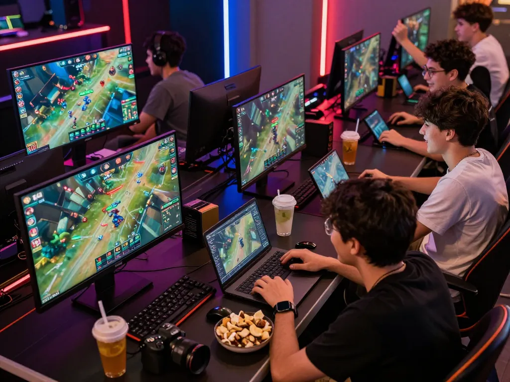 Friends engaged in esports betting on ytr88, using laptops and mobile devices in a vibrant gaming atmosphere.