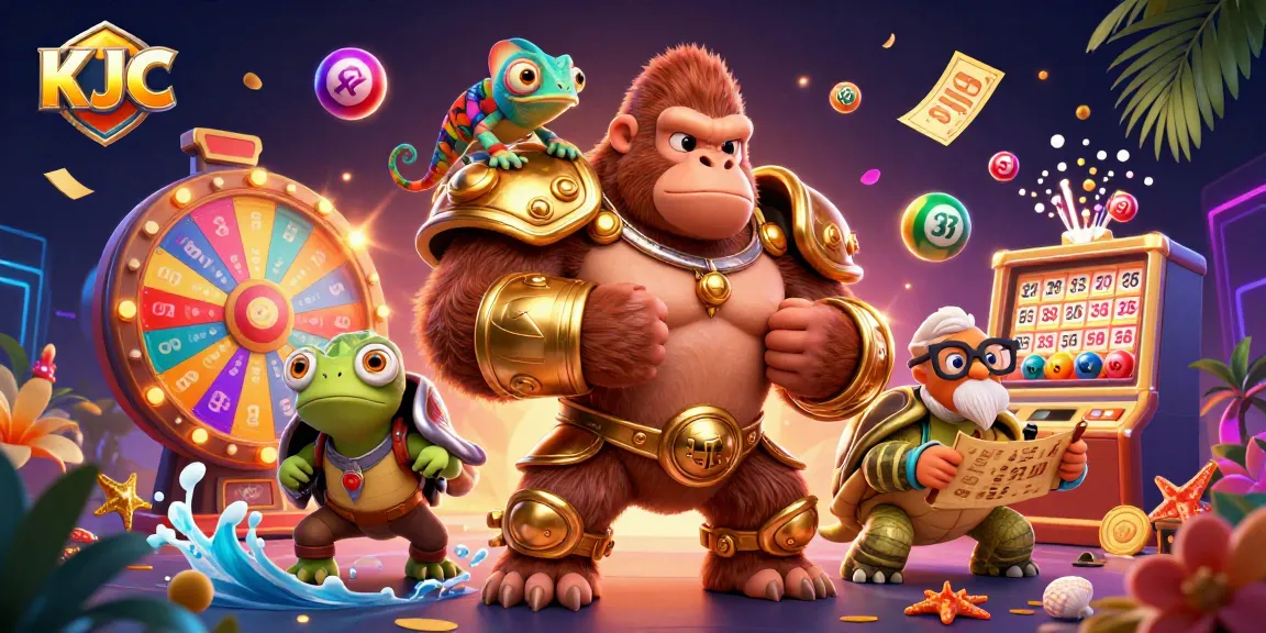 KJC engages players with a vibrant casino scene featuring a gorilla king, chameleon, and tortoise elder.