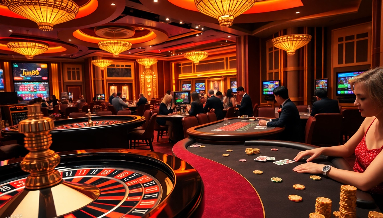 Experience the thrill at jun88.com with vibrant casino action featuring roulette and blackjack tables.