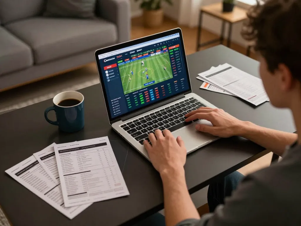 Cakhiatv user engaged in sports betting from home, showcasing vibrant online betting interface.