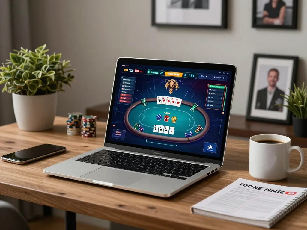 Tg88 chính thức online poker game in a stylish home office with laptop and strategy notes.