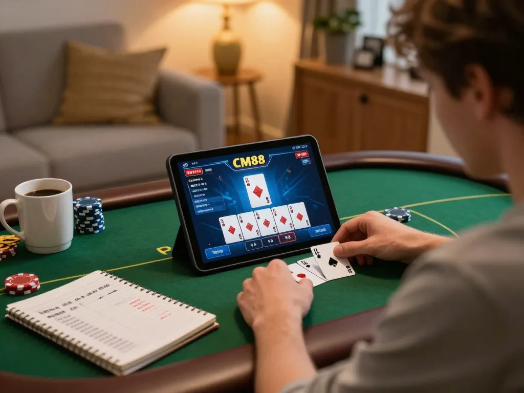 Engaging player enjoying CM88 poker game on tablet in cozy home setting