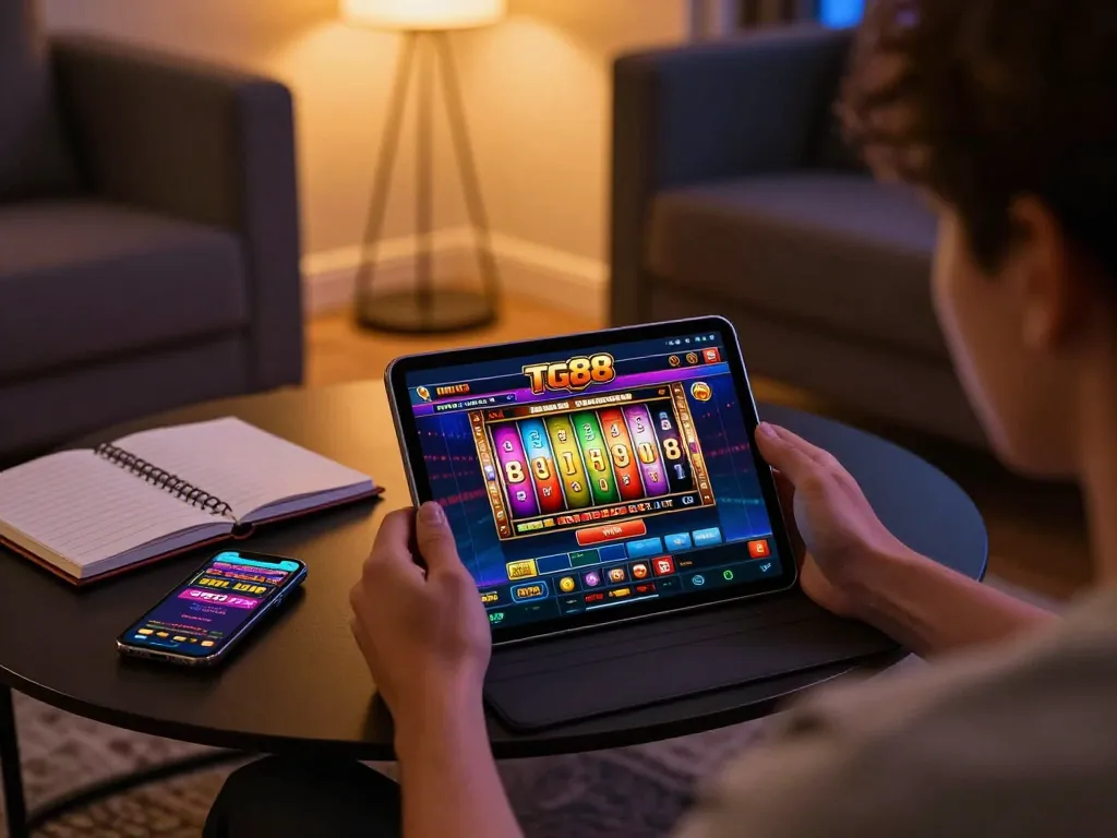 Engaging online gaming experience with TG88 app on tablet and strategy notes