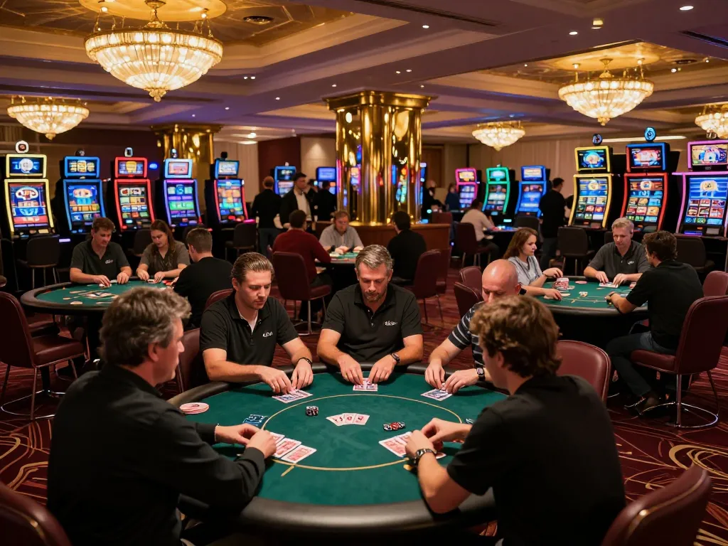 Players engaging in intense card games at Go88's vibrant casino floor during the evening.