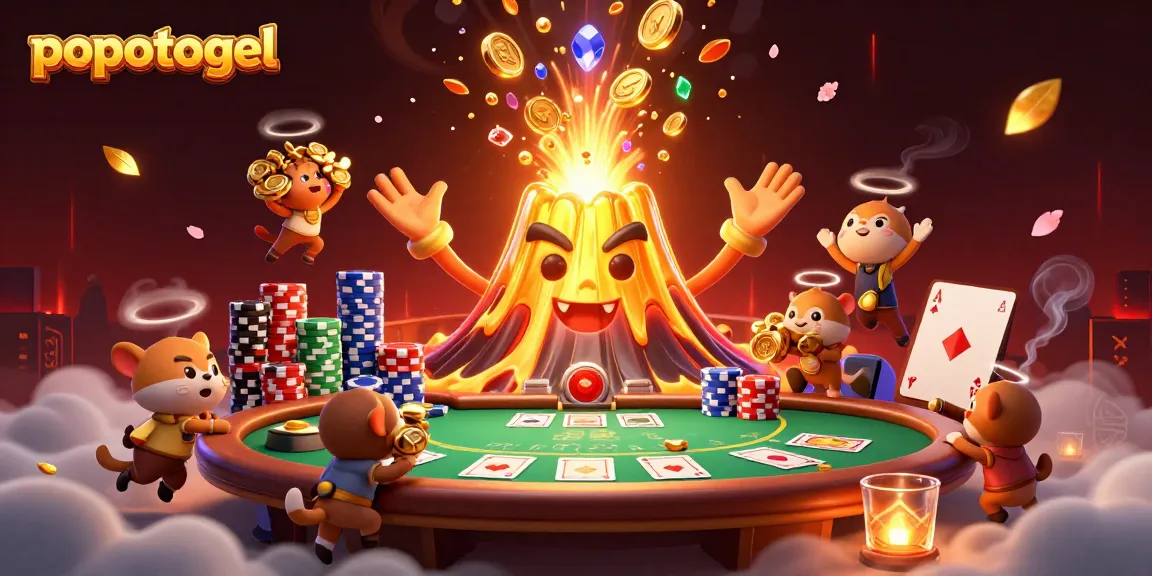 Experience the excitement of popotogel with a triumphant volcano, treasure, and poker elements in a vibrant casino scene.