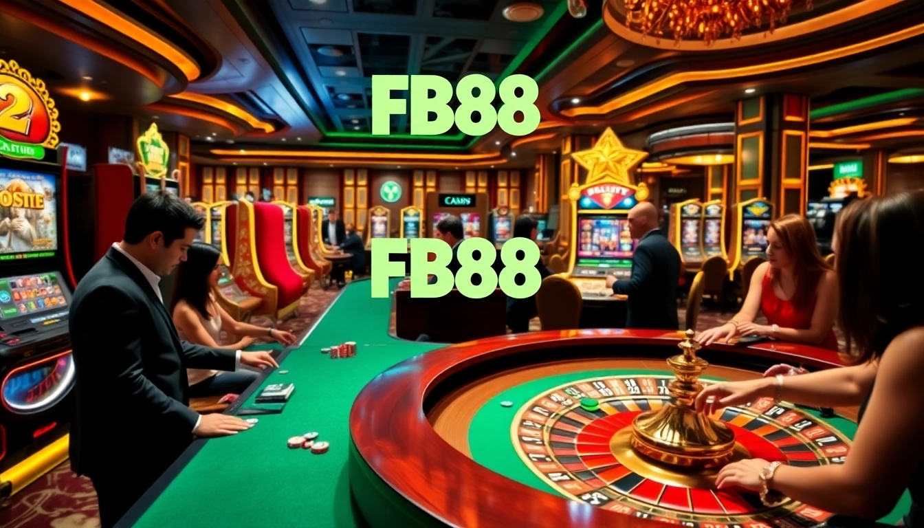 Experience FB88's luxurious gaming atmosphere with vibrant tables and excited players.