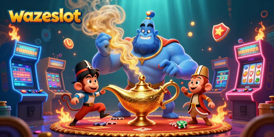 Experience excitement with WAZESLOT's vibrant casino gaming scene featuring a genie and poker chips.
