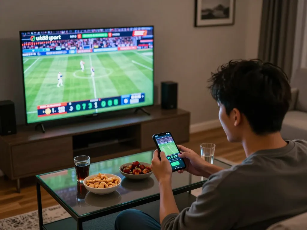 Excitedly placing bets on uk88 sport while enjoying a live sports event in a cozy setting.