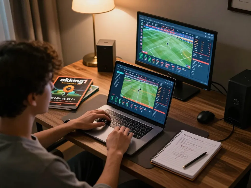Engaged user analyzing sports betting odds on okking1 in a stylish home office.