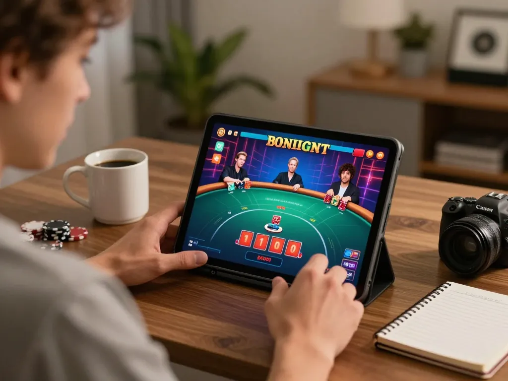 Playing a strategic poker game online via LGOGOAL on tablet, capturing exciting gameplay
