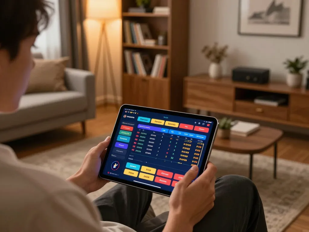 Engaging with kèo nhà cái interface at home, showcasing live betting options on a tablet