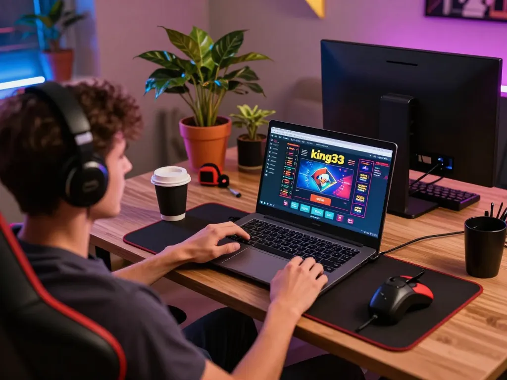 Engaging home gaming scene showcasing a player enjoying king33 casino games on laptop with vibrant setup.