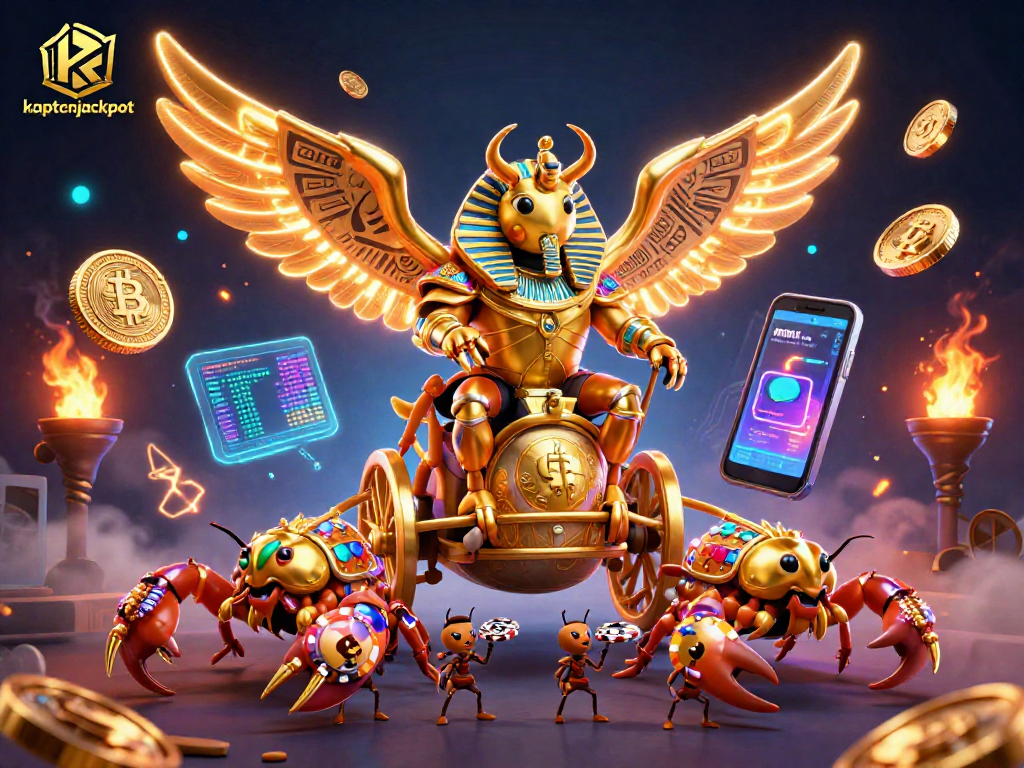 Engage with kaptenjackpot in a vibrant digital casino scene with 3D animated characters and glowing crypto elements.