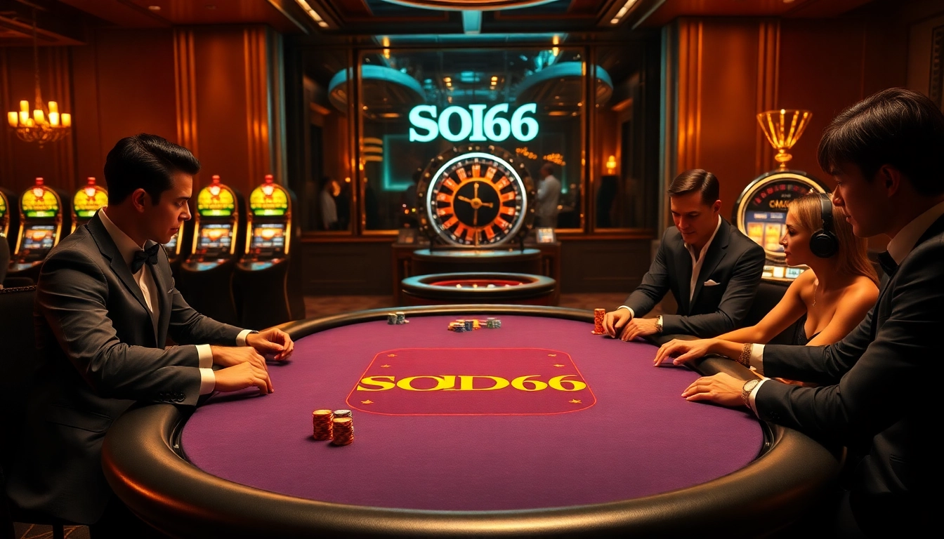 SODO66 poker table in a luxurious casino setting with vibrant chips and cards, exuding excitement.