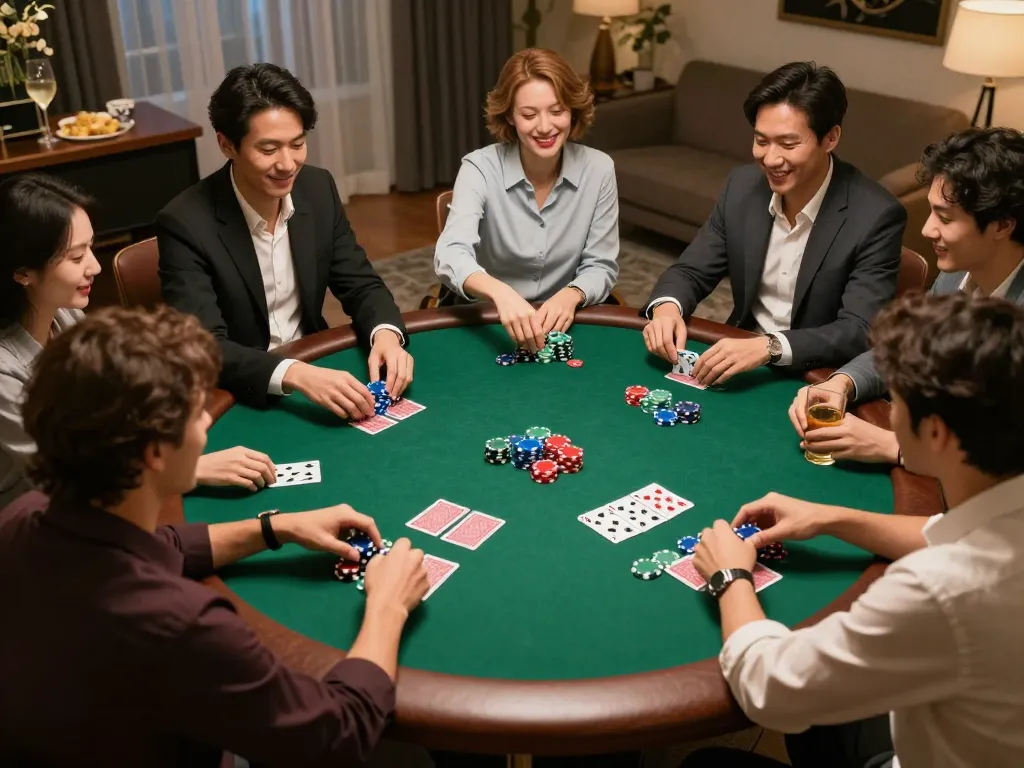 Friends enjoying a poker game at home, showcasing a lively gambling atmosphere with rikvip.