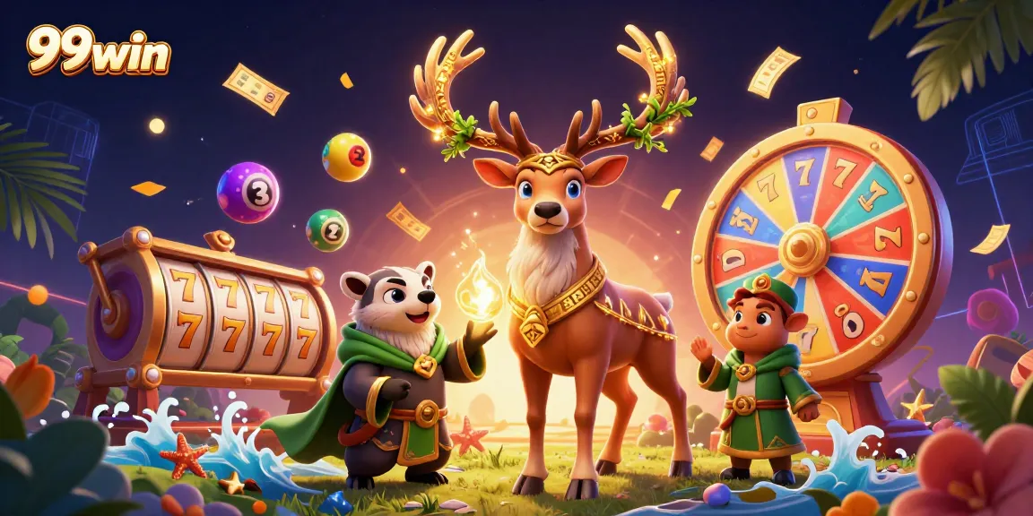 Play and win exciting games at 99win with vibrant slot reels and dynamic lottery elements.