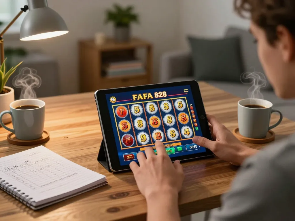 Player enjoying FAFA 828 online gambling on a tablet, surrounded by cozy home elements.