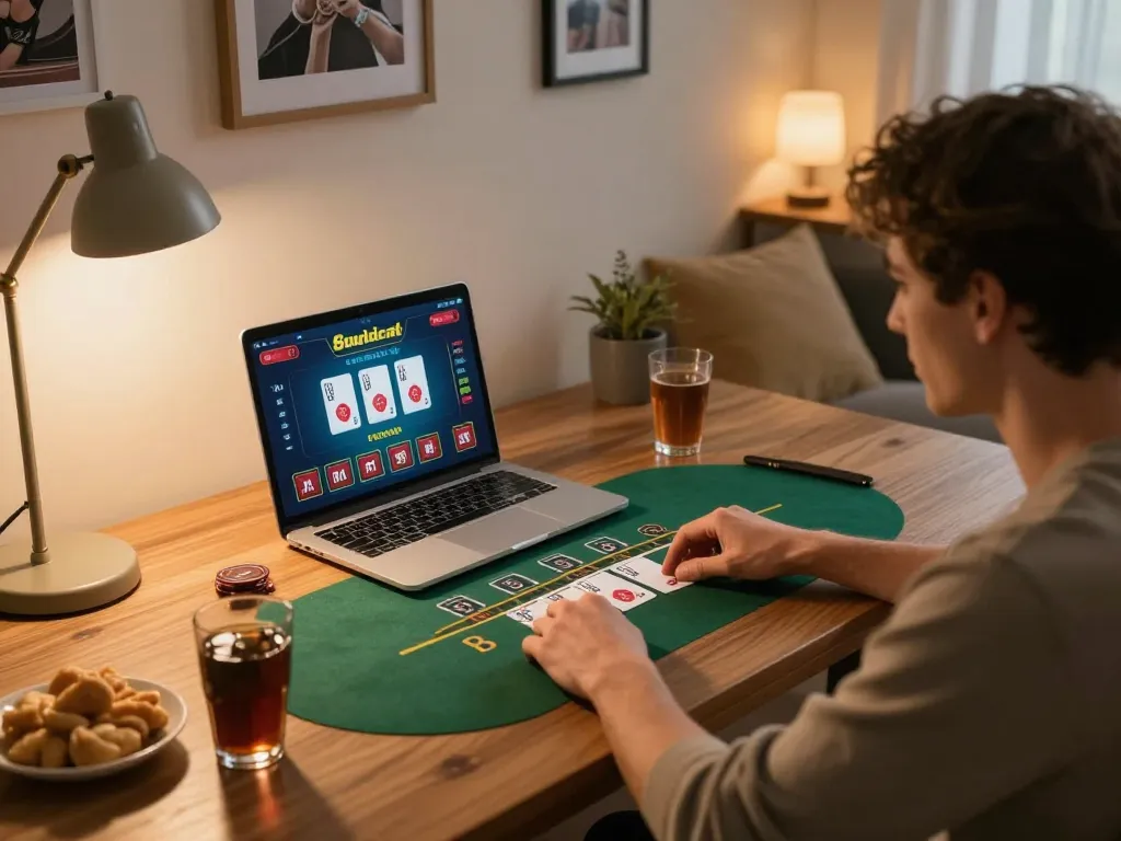 Engaging Pragmatic Play Login experience with a person using a laptop for live dealer blackjack in a cozy home setting
